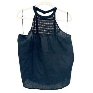 Rachel Zoe Womens Beachy Coastal 100% Linen Crochet Halter Tank Top Size L Black